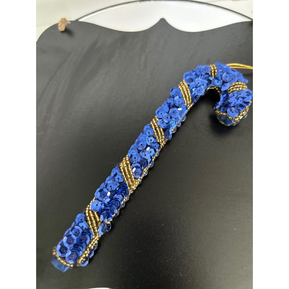 Candy Cane Christmas Blue Sequin Beaded Striped Ornament Collectible Holiday 5in